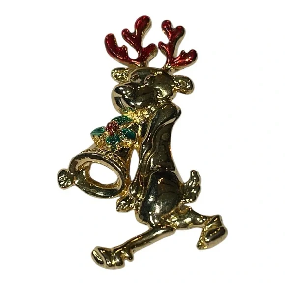 Festive Gold Reindeer Brooch with Red and Green Accents - Picture 3 of 7